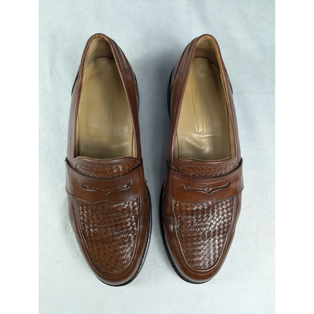 Johnston & Murphy Mens Brown Woven Leather Penny Loafers Made in Italy Size 8.5M